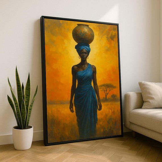Bold African Woman In Blue Canvas Wall Art Print Warm Living Room Decor Statement Piece
