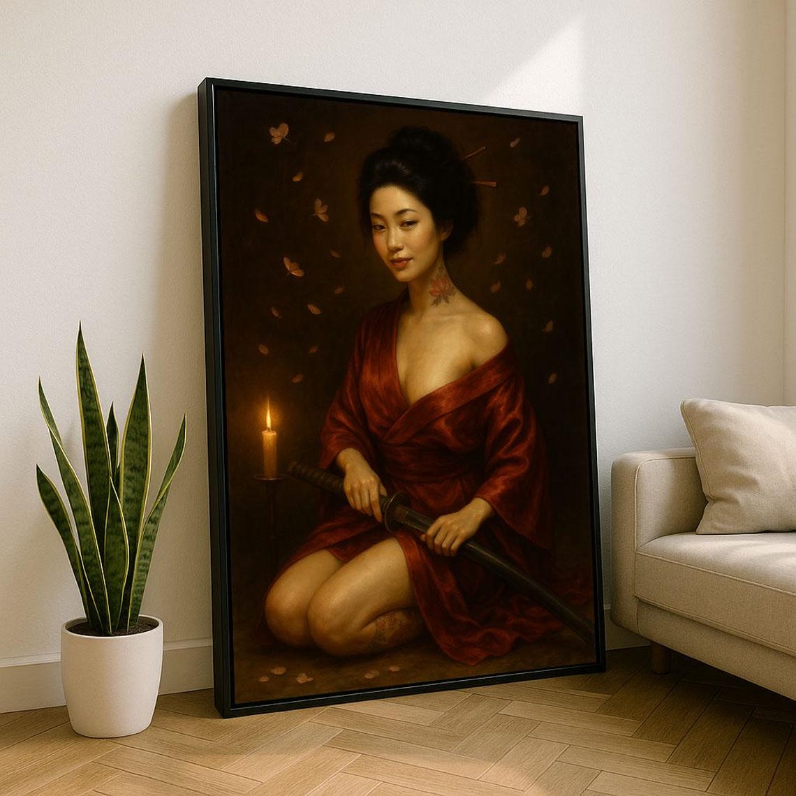 Seated Geisha In Red Kimono With Katana Butterflies Candlelight Poster