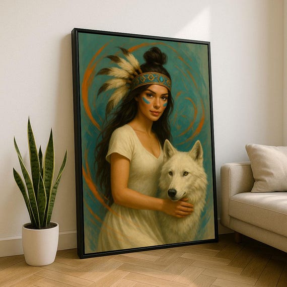 Alluring Native Woman With Wolf Canvas Wall Art Print Boho Living Room Decor Statement Piece