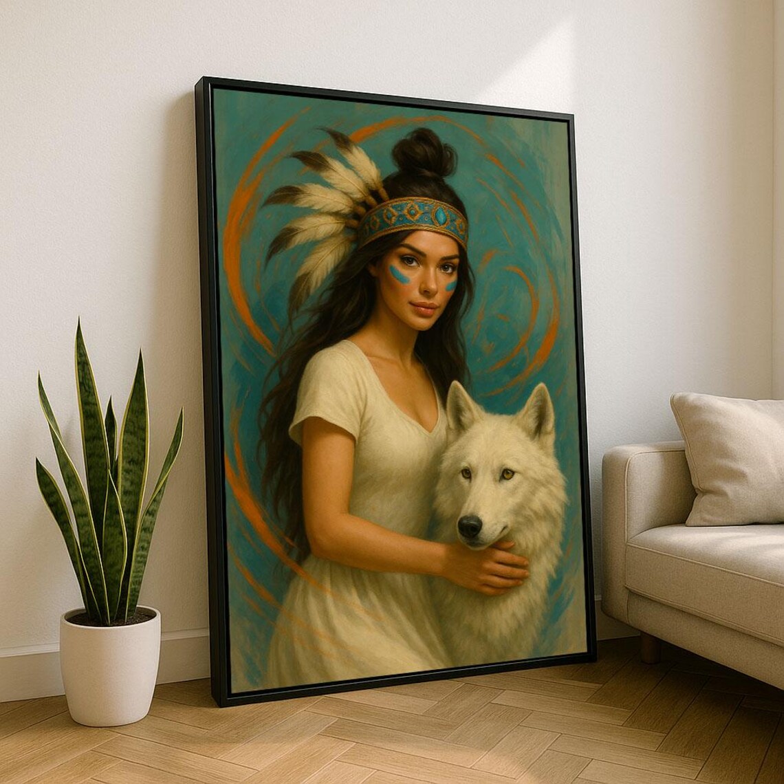 Native Woman With White Wolf Feather Headdress Spirit Art Poster