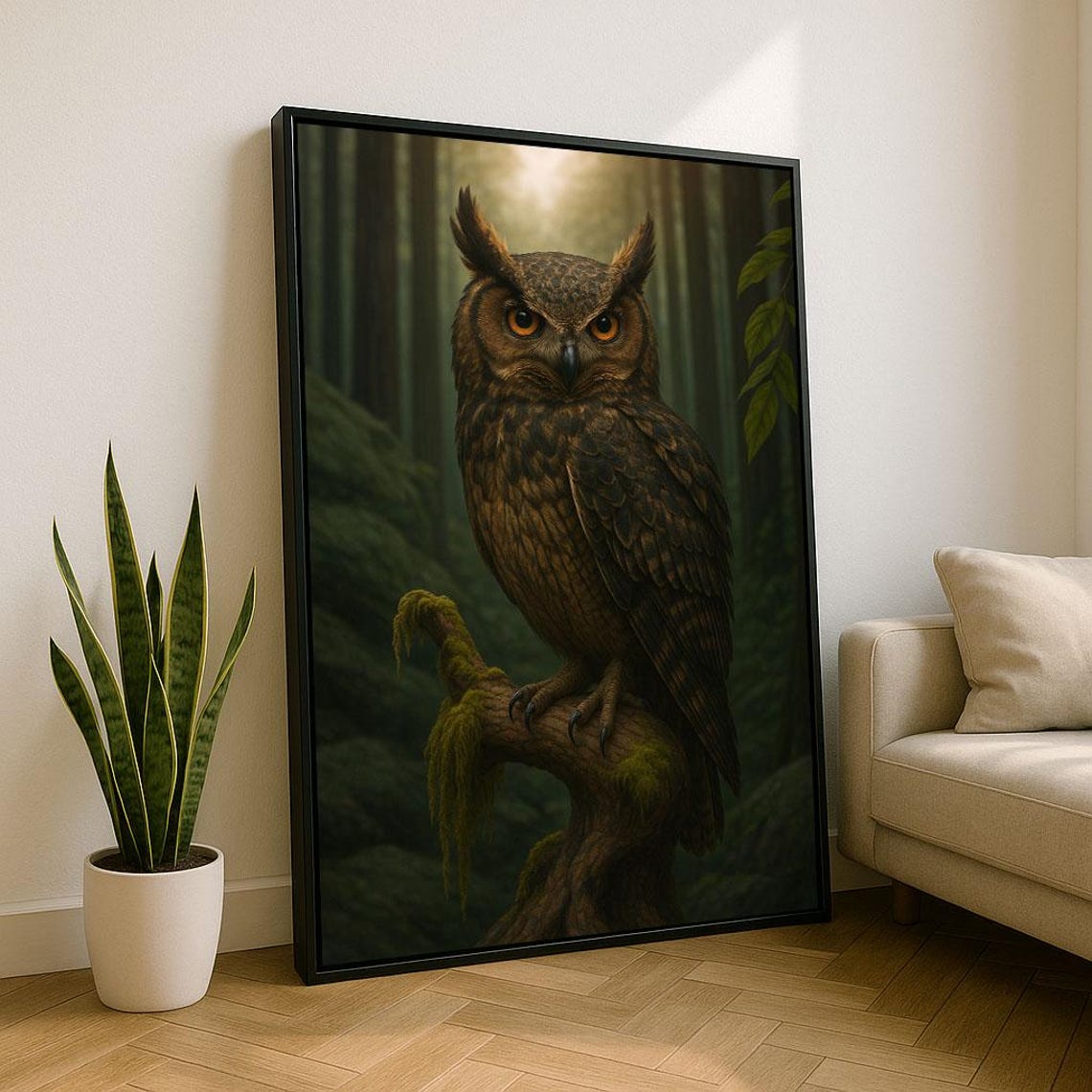 Noble Owl Perched In Misty Forest Realistic Wildlife Art Poster