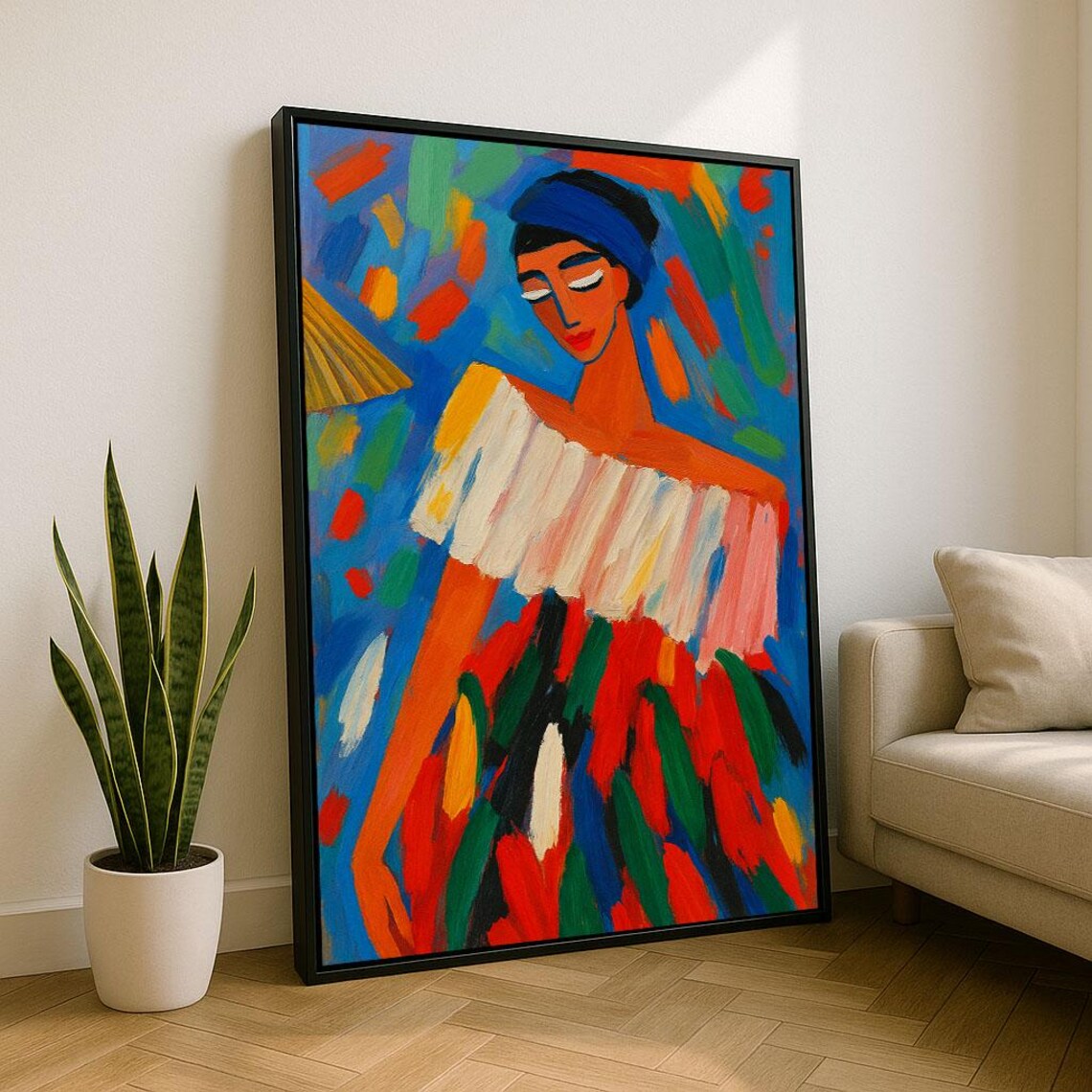 Colorful Abstract Woman Portrait Blue Headscarf Fauvist Wall Art