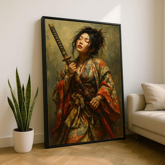 Elegant Japanese Samurai Woman Canvas Wall Art Print Bold Living Room Decor Statement Piece