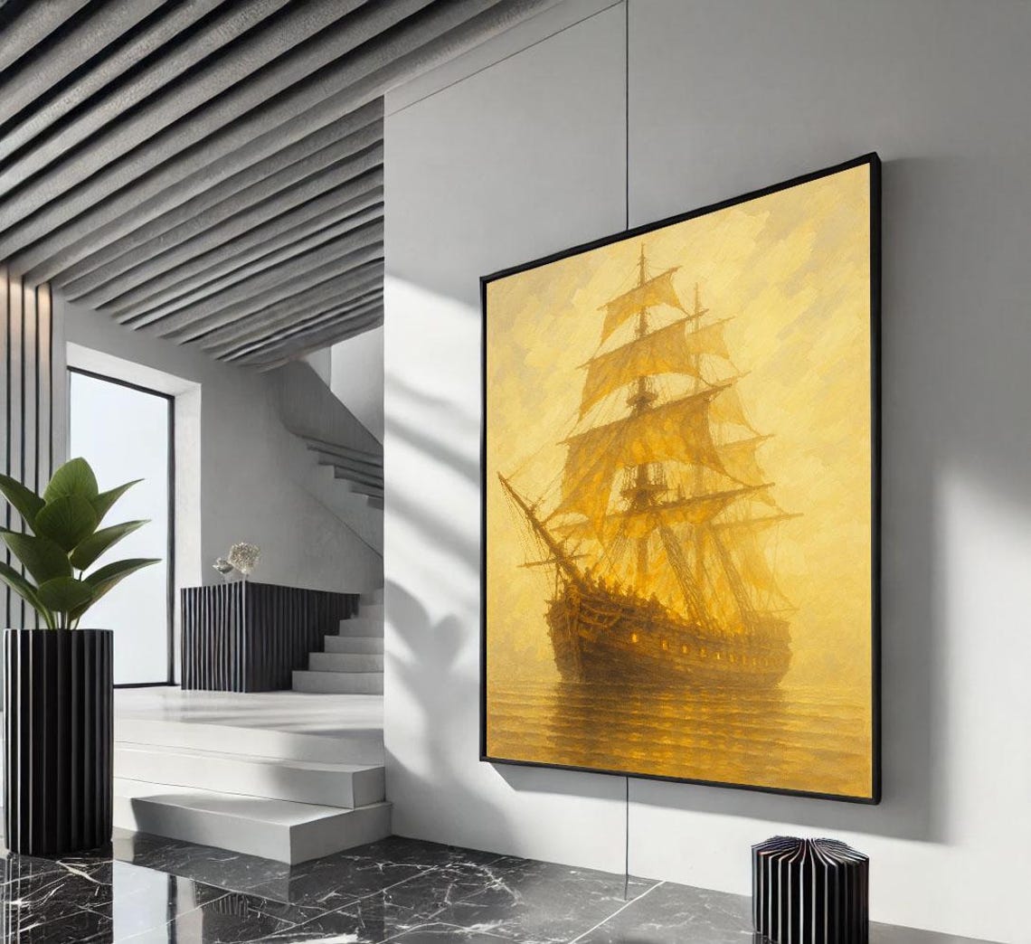 Majestic Golden Sailing Tall Ship On Shimmering Gold Sea Poster