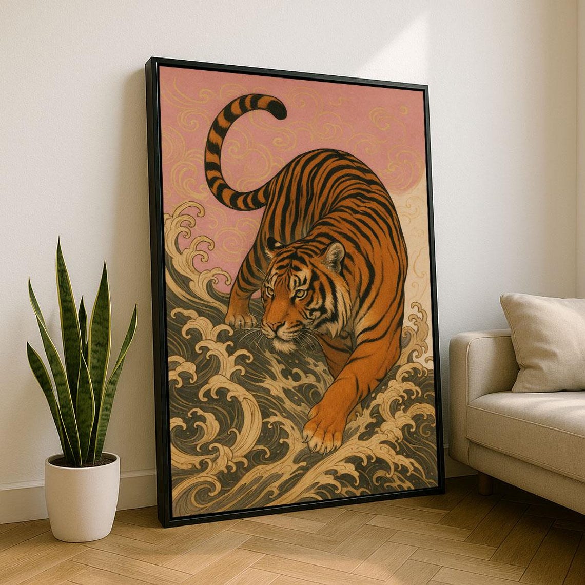 Japanese Style Tiger Leaping Through Ocean Waves Bold Art Poster
