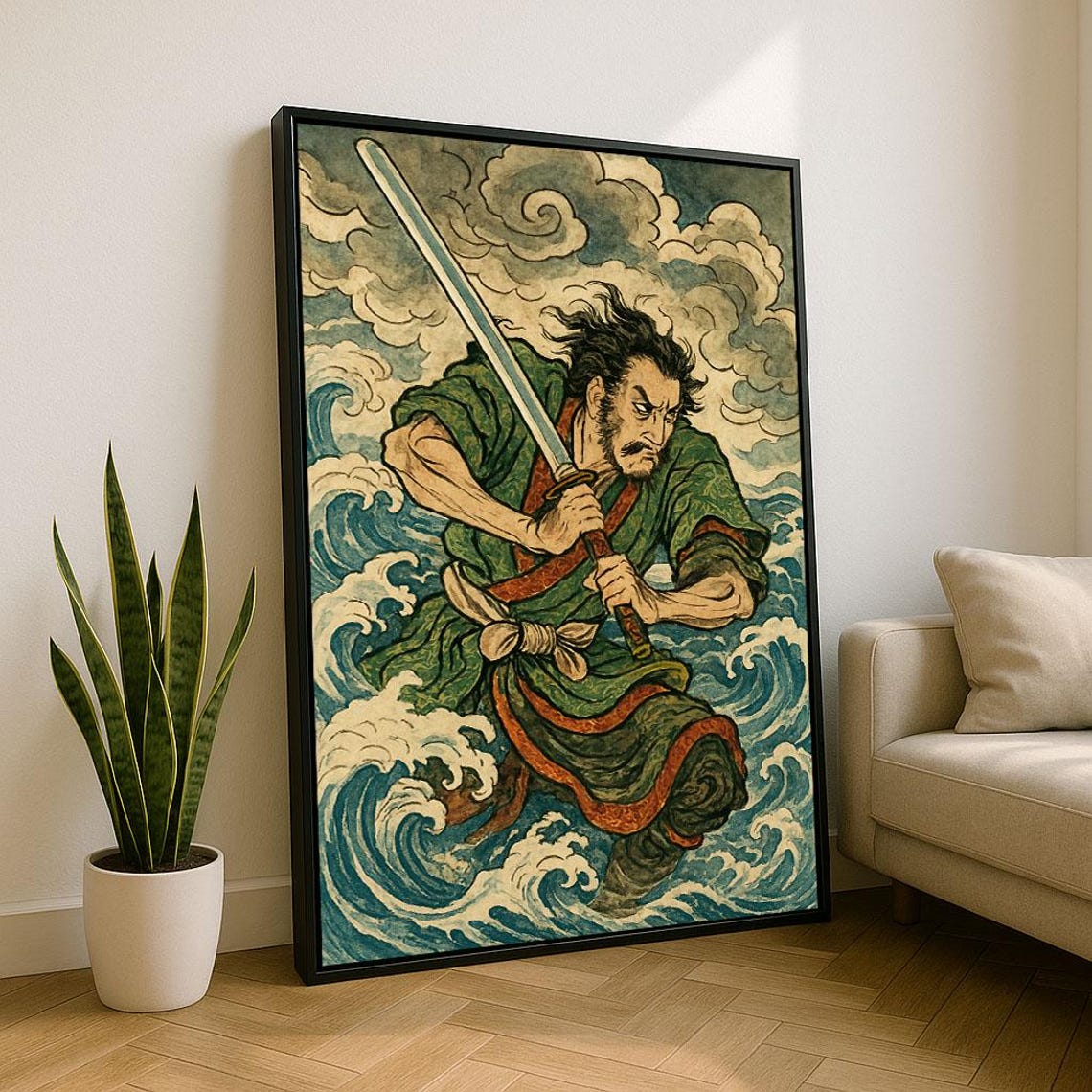 Ukiyoe Samurai Warrior With Sword In Great Ocean Waves Poster