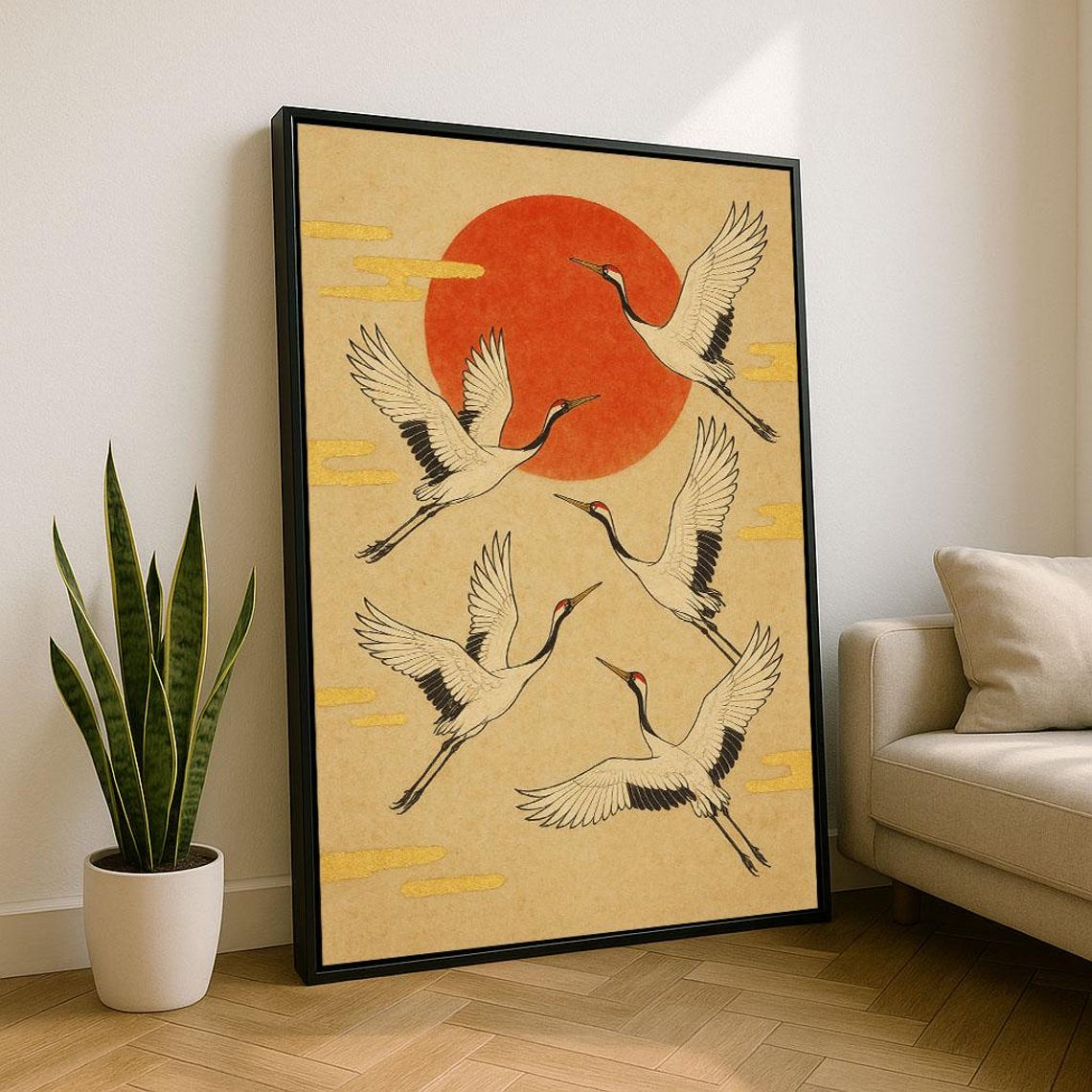 Five Japanese Cranes Flying Red Sun Vintage Woodblock Art Poster