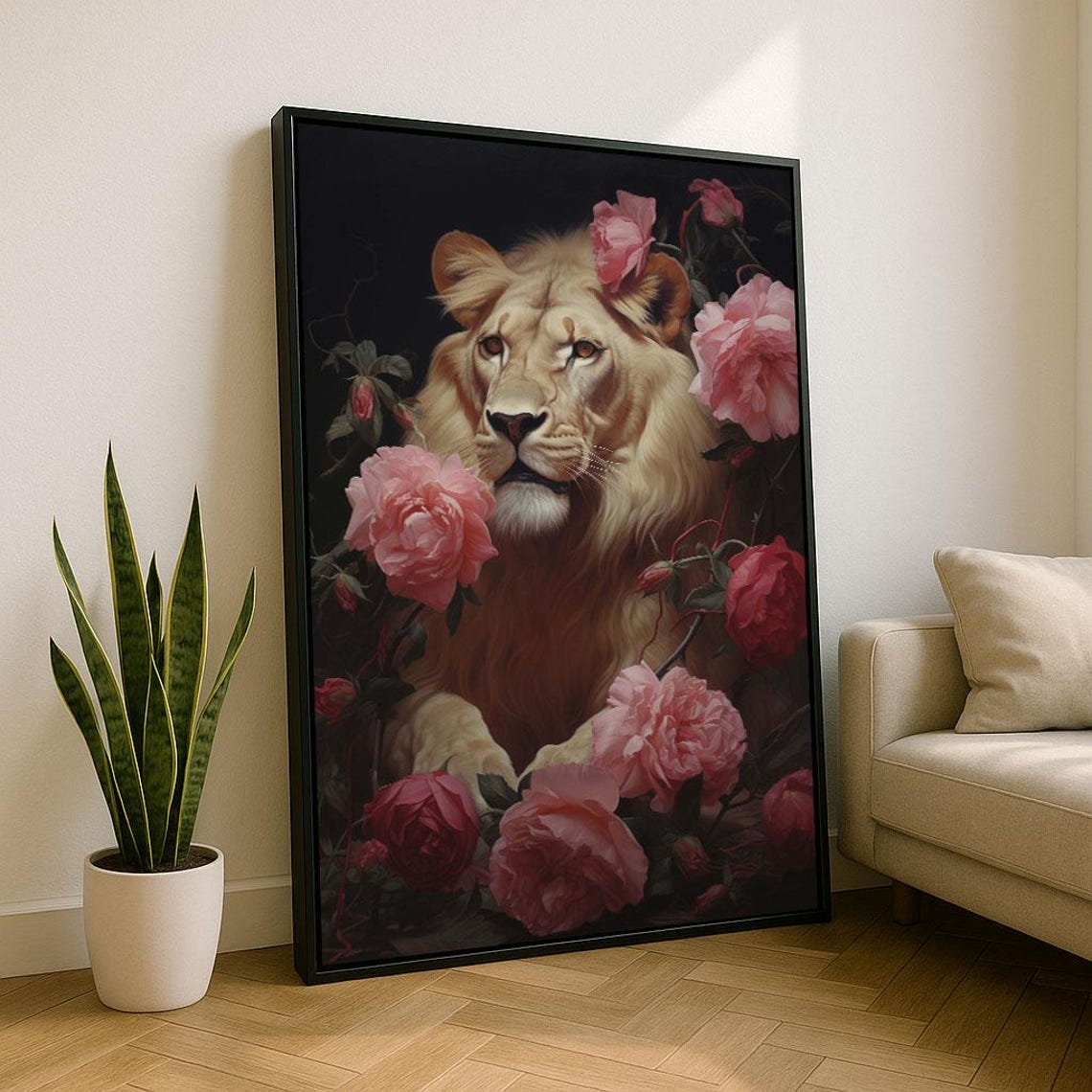 Majestic Lion With Roses Canvas Wall Art Print Elegant Living Room Decor Statement Piece