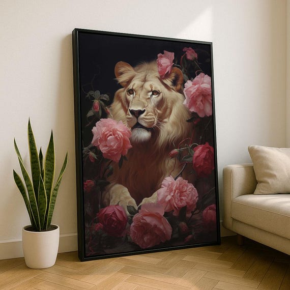 Majestic Lion With Roses Canvas Wall Art Print Elegant Living Room Decor Statement Piece