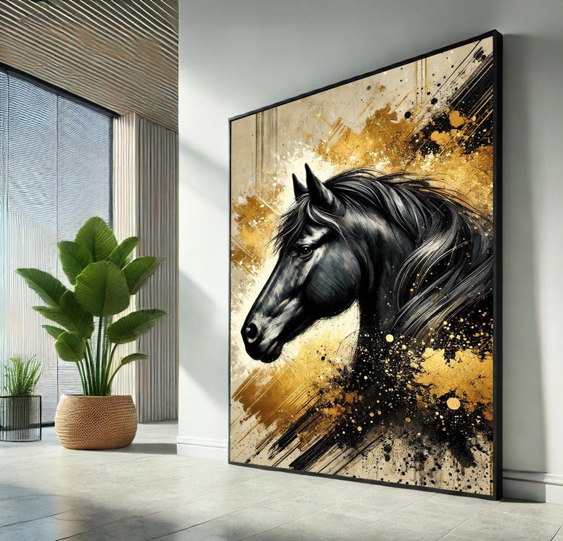 Black Horse with Golden Paint Splashes Modern Abstract Art Poster