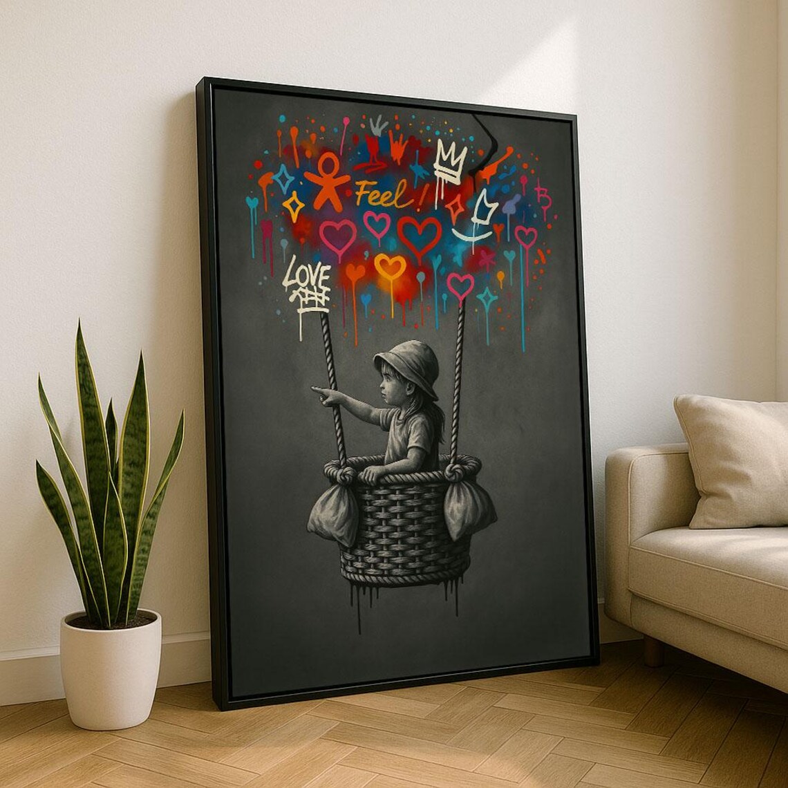 Child Hot Air Balloon With Feel Love Graffiti On Dark Night Poster