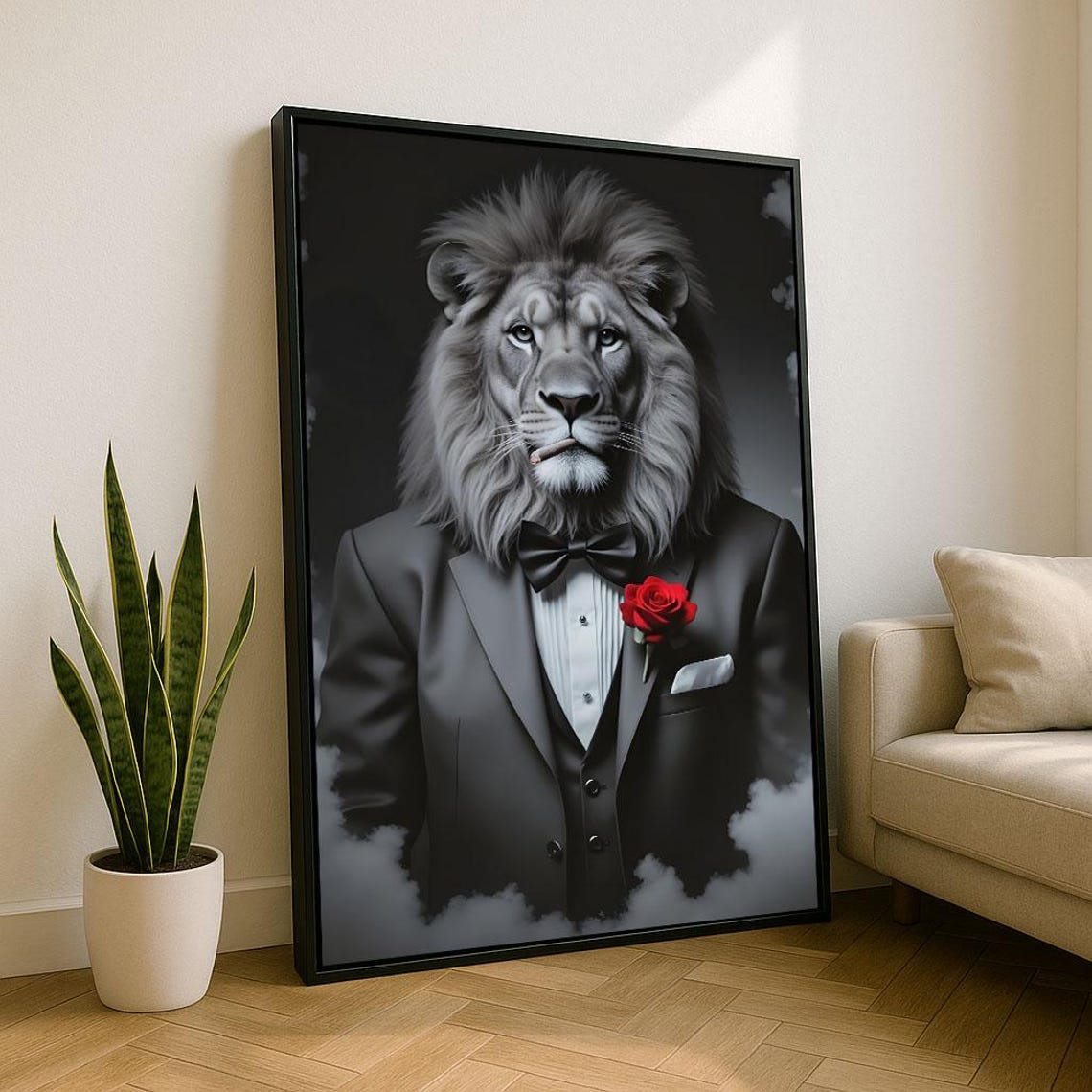 Regal Lion In Black Tuxedo With Red Rose Suit Portrait Poster