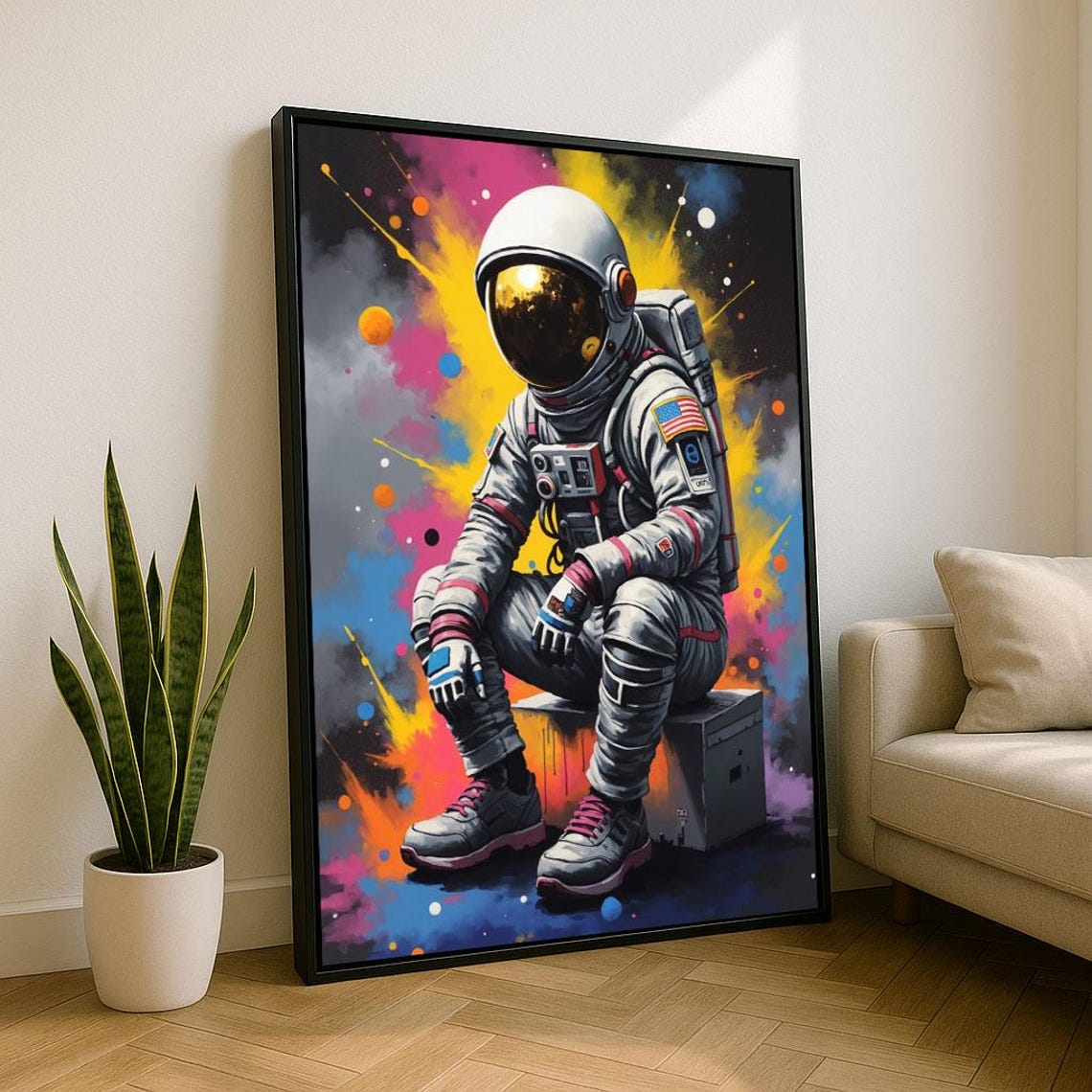 Astronaut Sitting Colorful Paint Splash Pop Art Style Wall Art