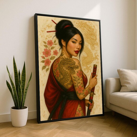 Elegant Asian Woman With Dragon Tattoo Canvas Wall Art Print Red Tones Living Room Decor Statement Piece