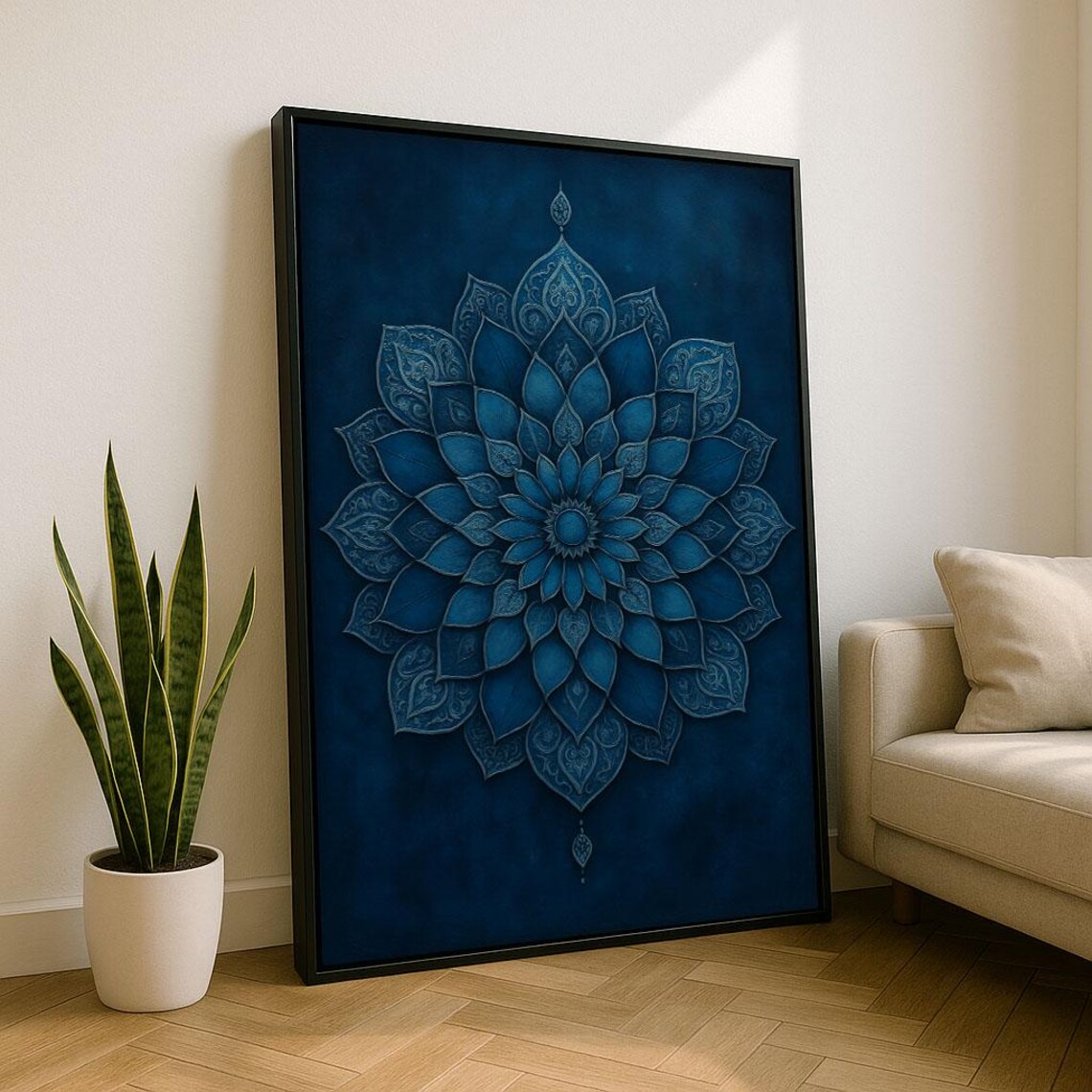 Blue Mandala Lotus Navy Intricate Boho Zen Spiritual Art Print