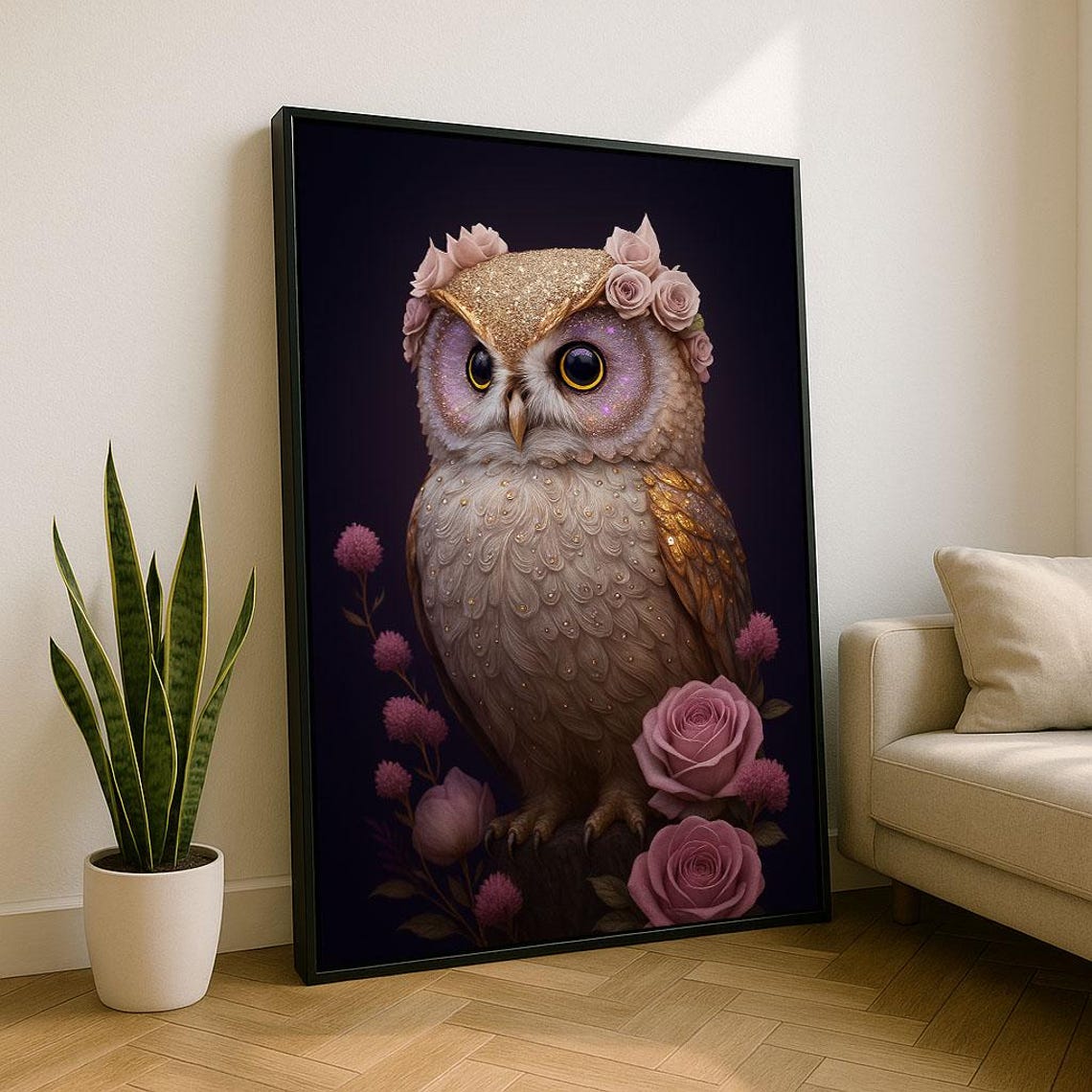 Enchanted Owl With Pink Floral Crown Roses Night Garden Poster
