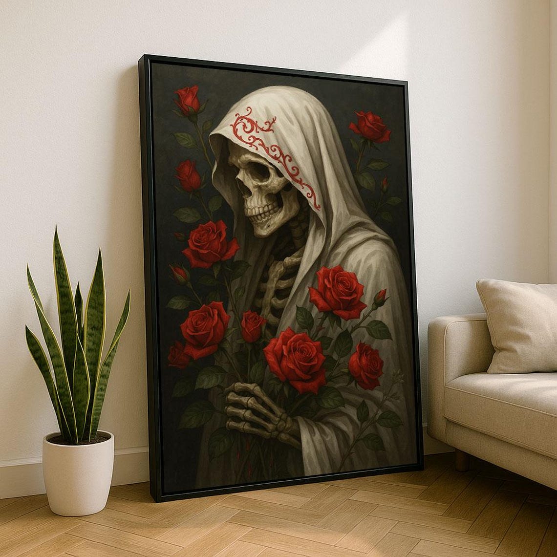 Gothic Skeleton In Shroud With Red Roses Dark Romantic Art Poster