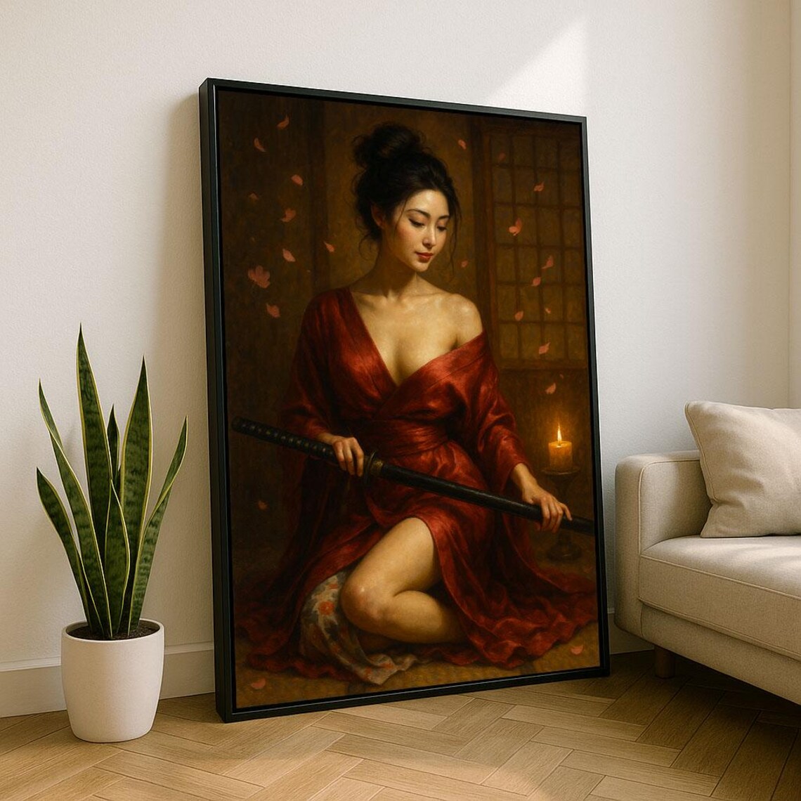 Serene Samurai Woman Portrait Canvas Wall Art Print Warm Tones Living Room Decor Statement Piece