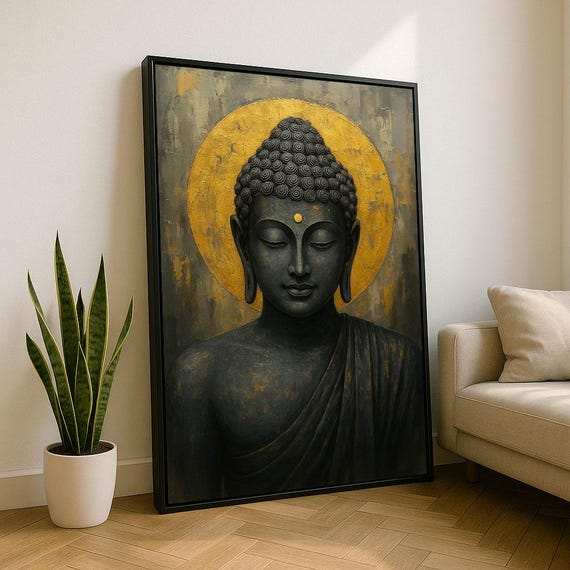 Serene Buddha Meditation Canvas Wall Art Print Gold Grey Living Room Decor Statement Piece