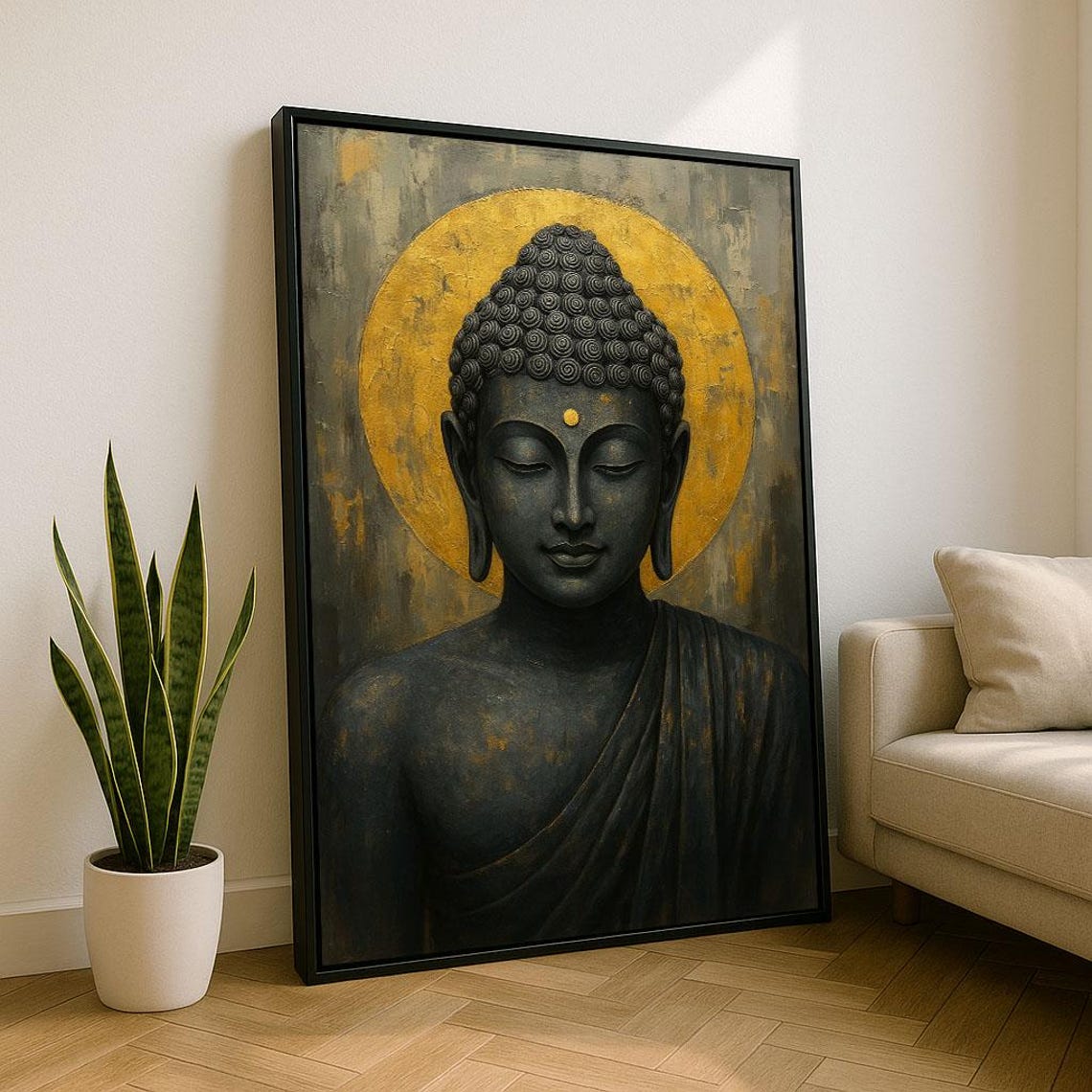 Dark Stone Buddha Bust With Golden Halo Textured Gray Wall Art