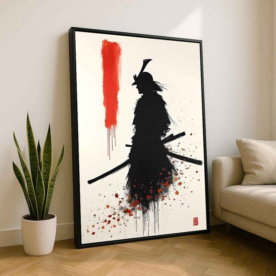 Fierce Samurai Silhouette Ink Splatter Red Japanese Warrior Poster