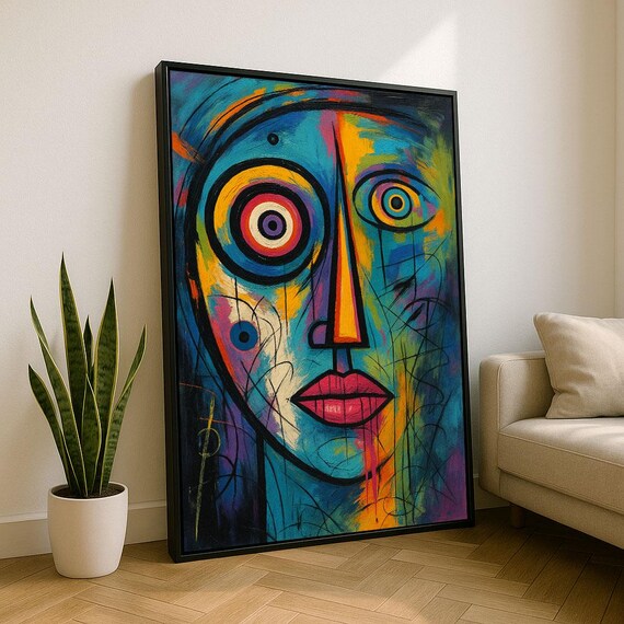 Bold Abstract Face Painting Cubist Style Vivid Color Modern Portrait Poster