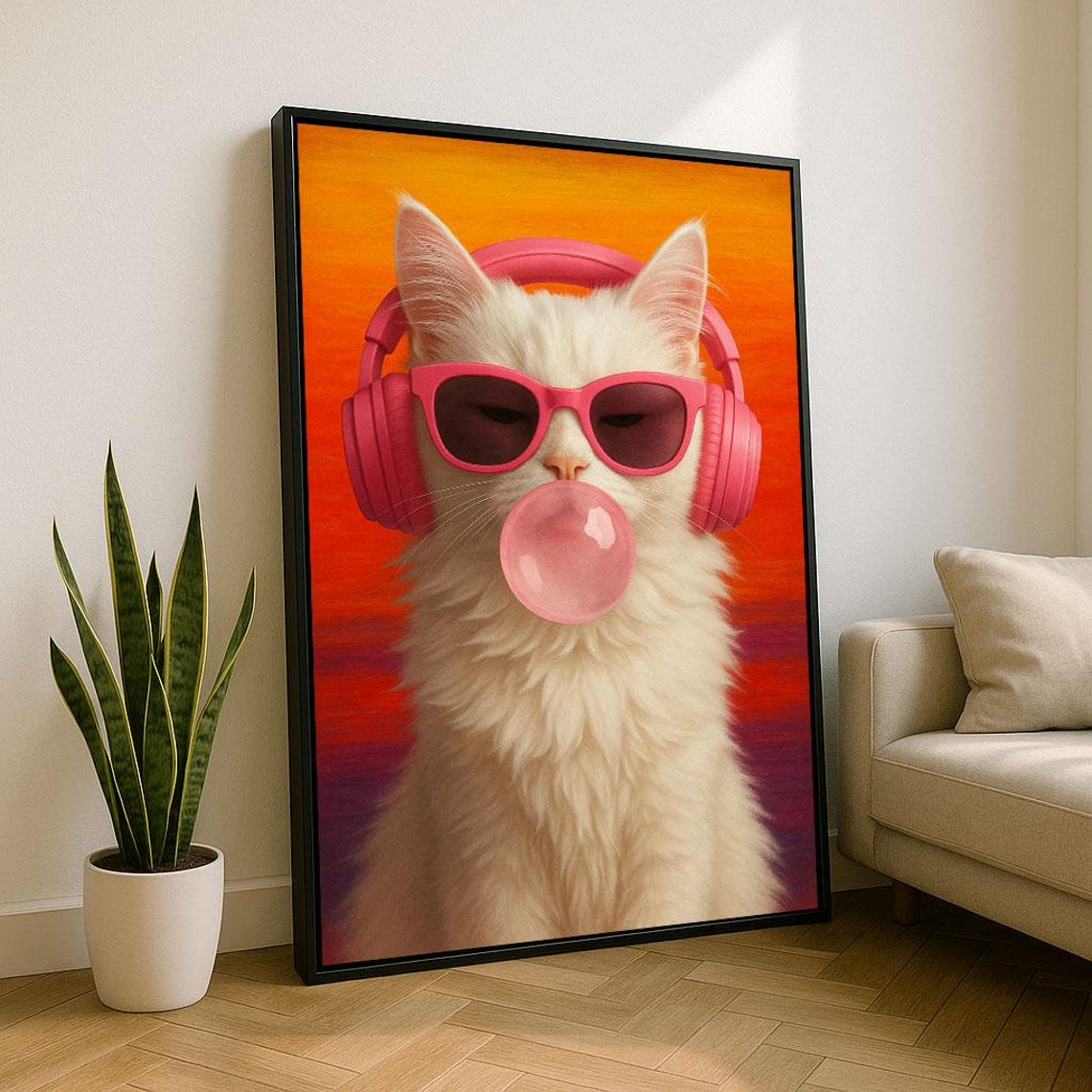 Cool White Cat with Pink Headphones Bubblegum Fun Art Poster