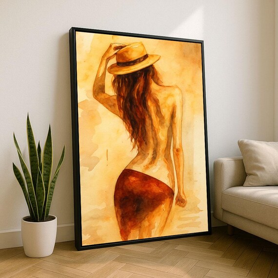 Elegant Woman in Hat Watercolor Back View Warm Amber Tones Poster