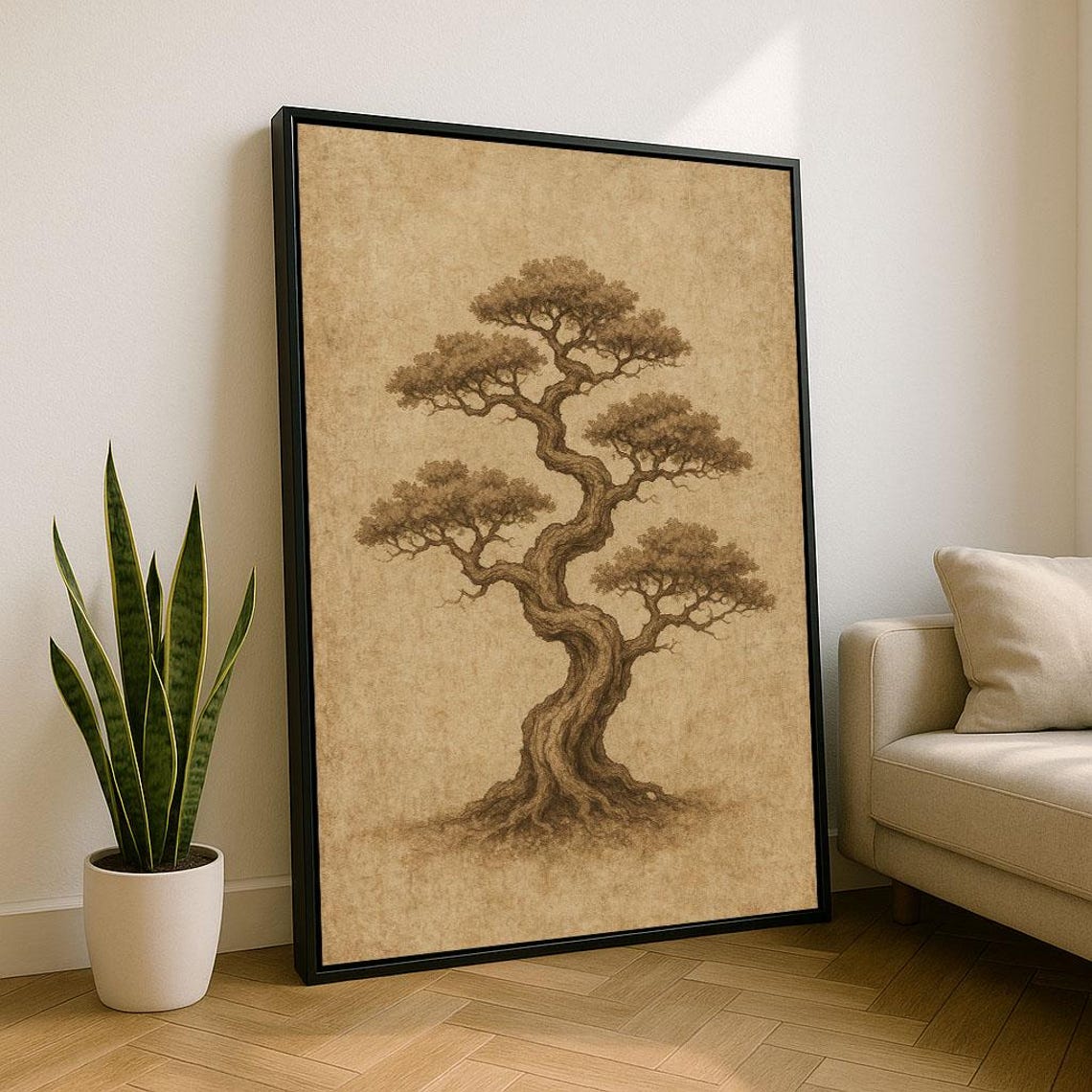 Vintage Japanese Bonsai Tree Sepia Botanical Zen Decor Poster