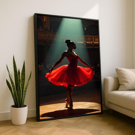 Elegant Ballerina In Red Tutu Dancing Under Stage Spotlight Poster