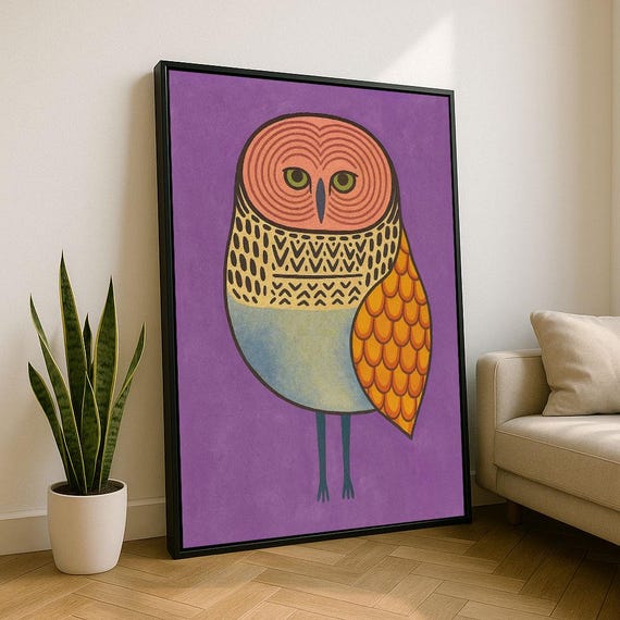 Colorful Owl Illustration Canvas Wall Art Print Modern Living Room Decor Statement Piece