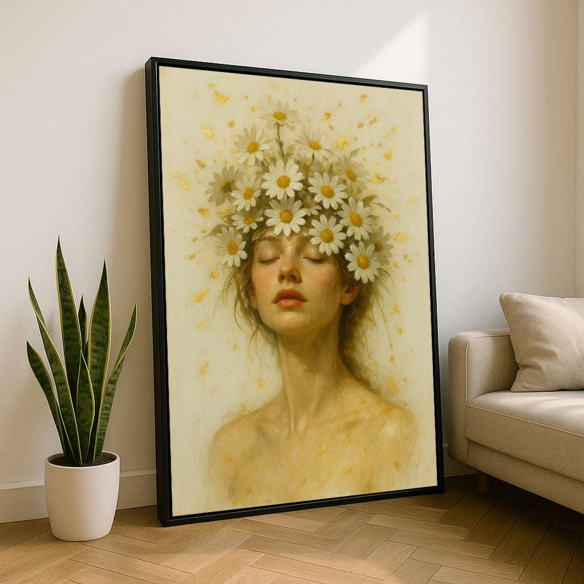 Daisy Crown Woman Serene Floral Dream Soft Botanical Portrait Poster