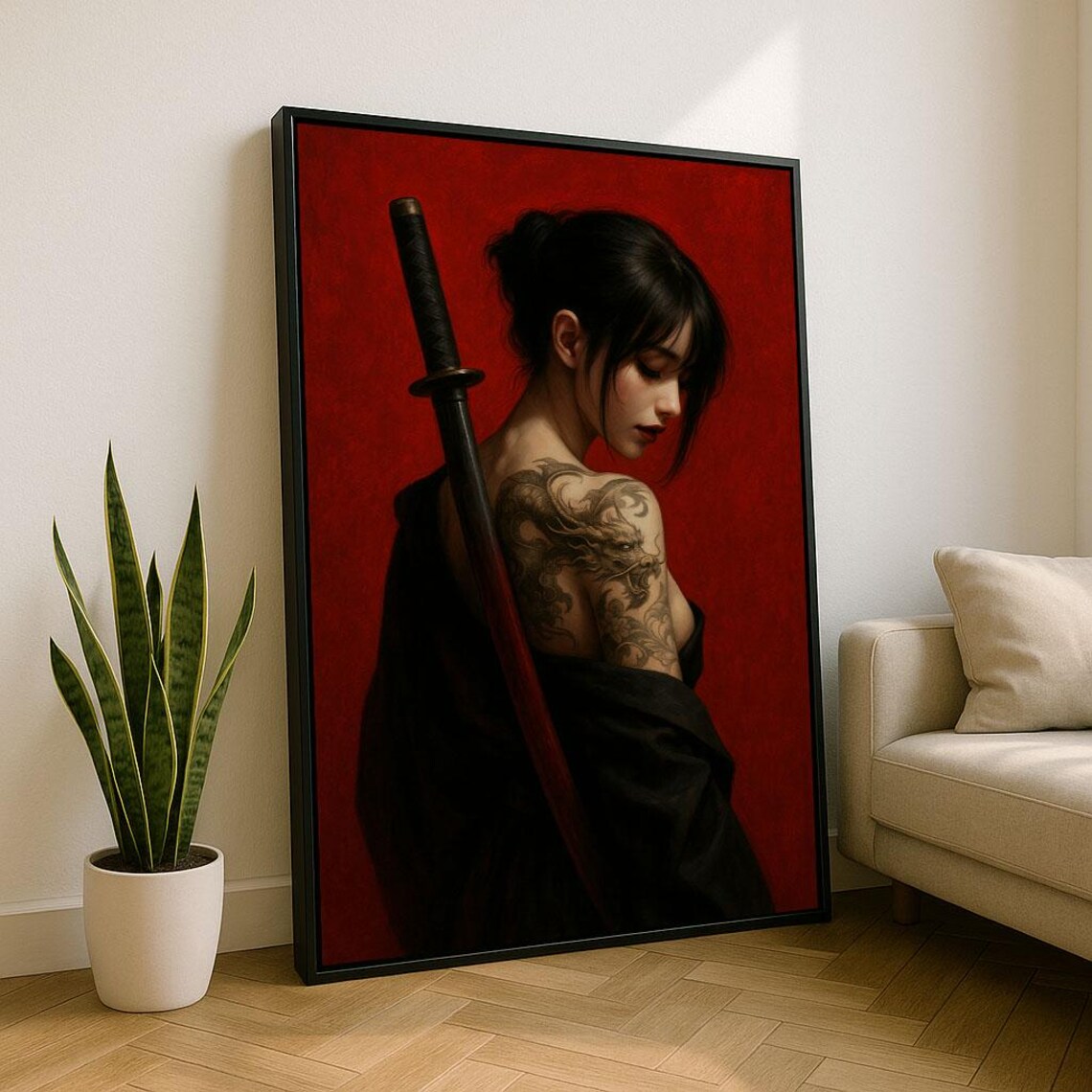 Japanese Woman with Dragon Tattoo and Katana on Deep Crimson Ground Poster