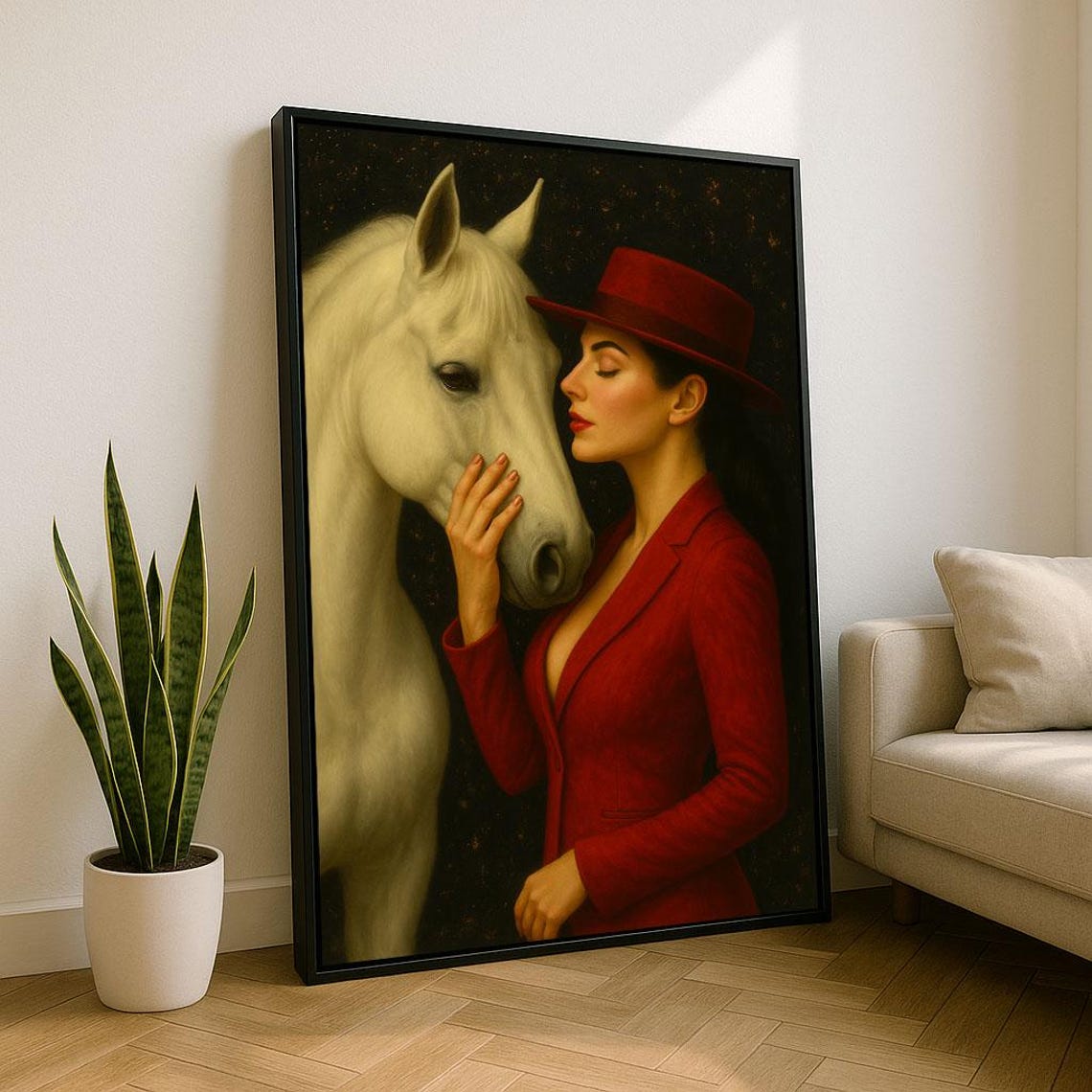Elegant Woman in Red Hat Embracing White Horse Romantic Poster