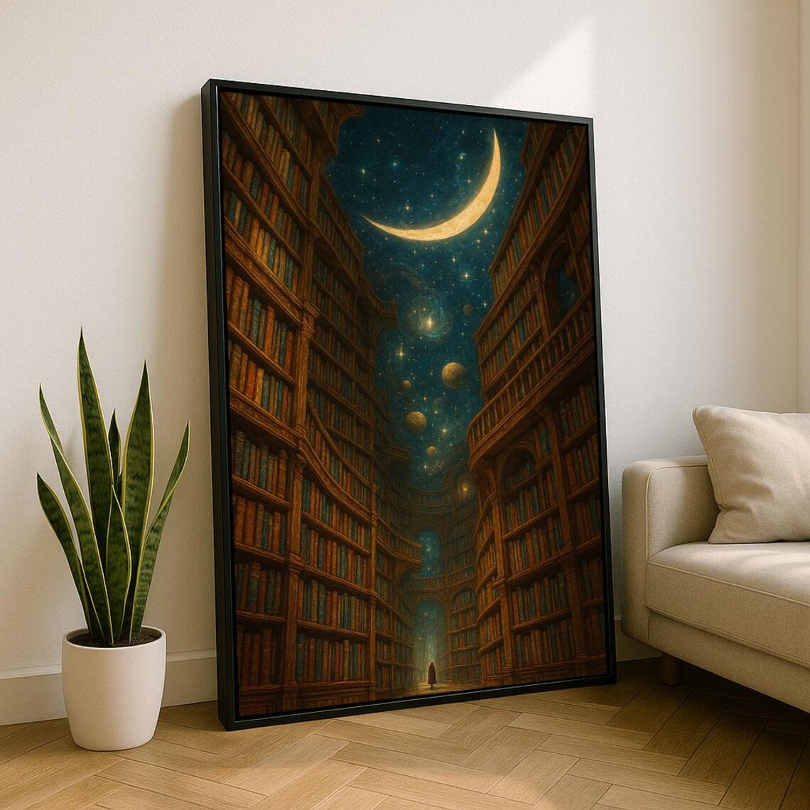 Dreamy Mystical Moonlit Library Under Crescent Moon Fantasy Poster
