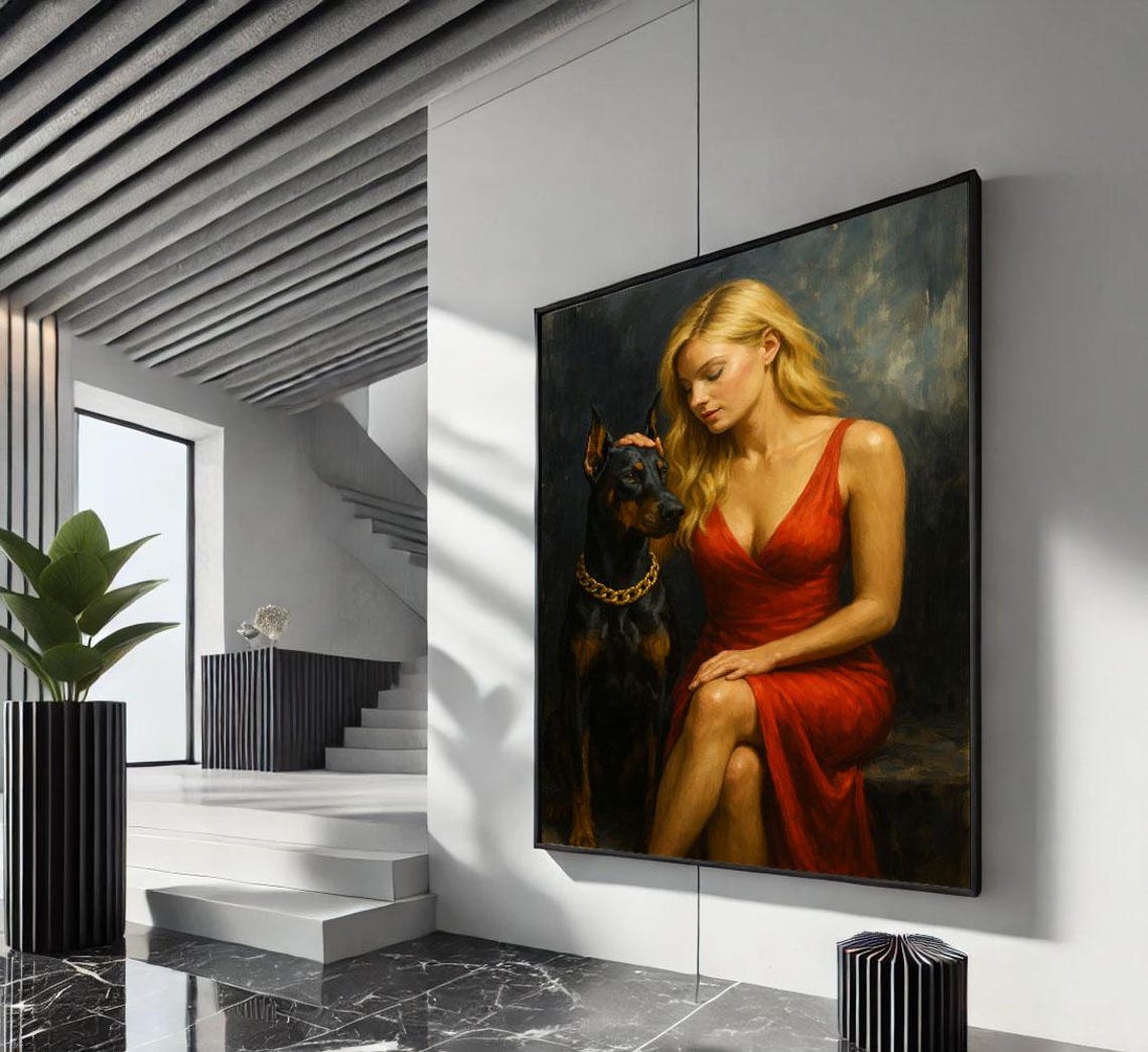 Elegant Blonde Woman In Red Dress With Doberman Dog Portrait Poster