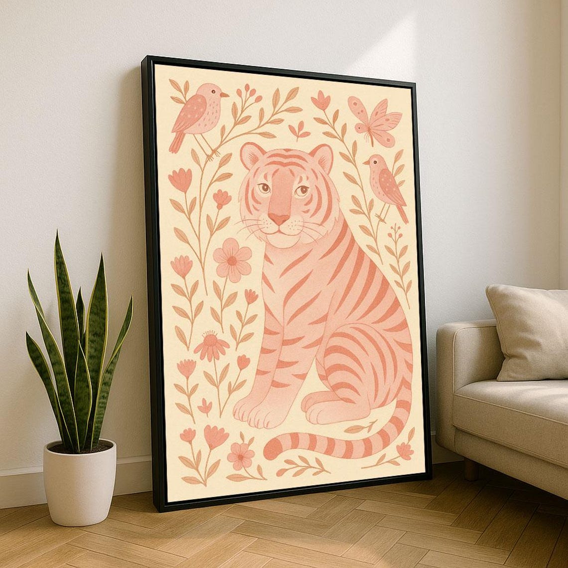 Playful Tiger And Birds Canvas Wall Art Print Boho Nursery Decor Ready To Hang