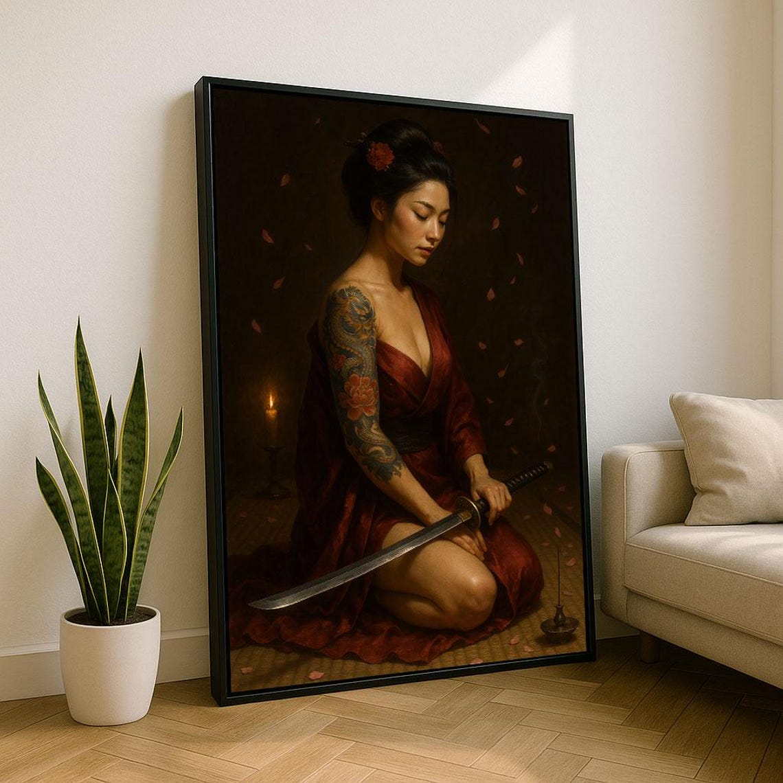 Seated Geisha With Dragon Sleeve Tattoo Red Kimono Katana Poster