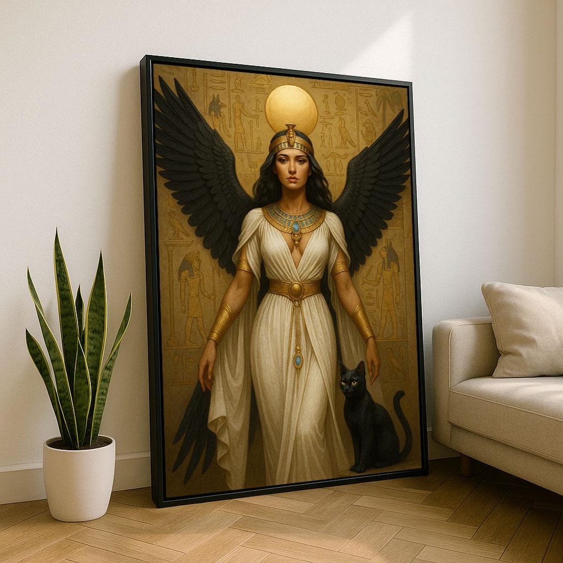 Winged Egyptian Goddess Black Wings Golden Crown Fantasy Art Poster