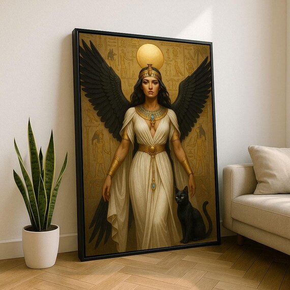 Winged Egyptian Goddess Black Wings Golden Crown Fantasy Art Poster
