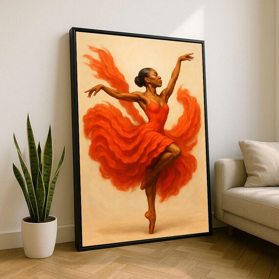 Dynamic African Ballerina In Red Dress Canvas Wall Art Print Modern Living Room Decor Statement Piece