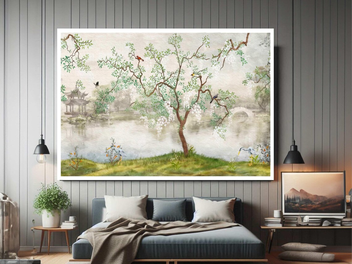 Chinese Garden with Blossom Tree Birds Pagoda and Lake Poster