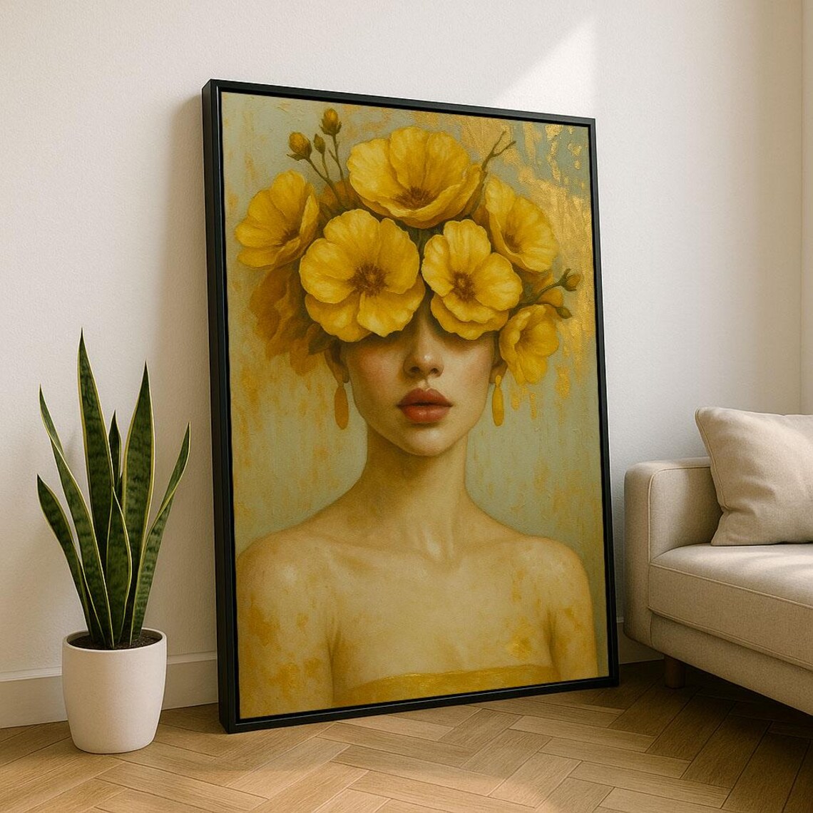Woman With Yellow Flowers Over Eyes Golden Floral Portrait Poster
