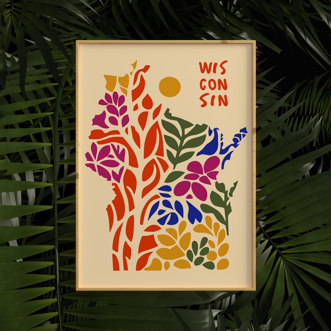 Wisconsin State Map Colorful Botanical Floral Nature Art Poster