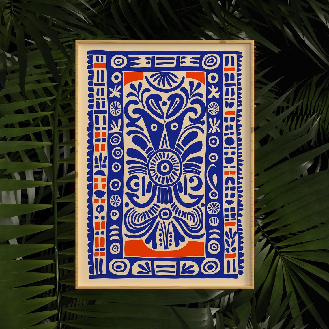 Blue Red Ethnic Tribal Pattern Bold Bohemian Folk Style Art Print