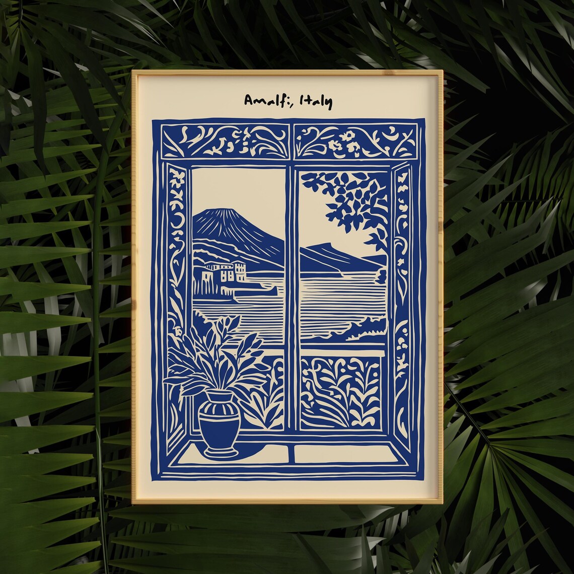 Amalfi Italy Blue Window View Over Vesuvius Bay Travel Poster