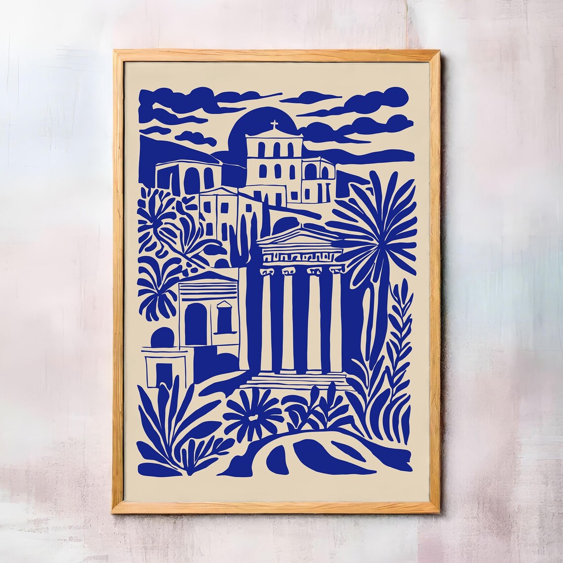 Athens Greece Blue Ancient Temple Landmark Travel Art Poster