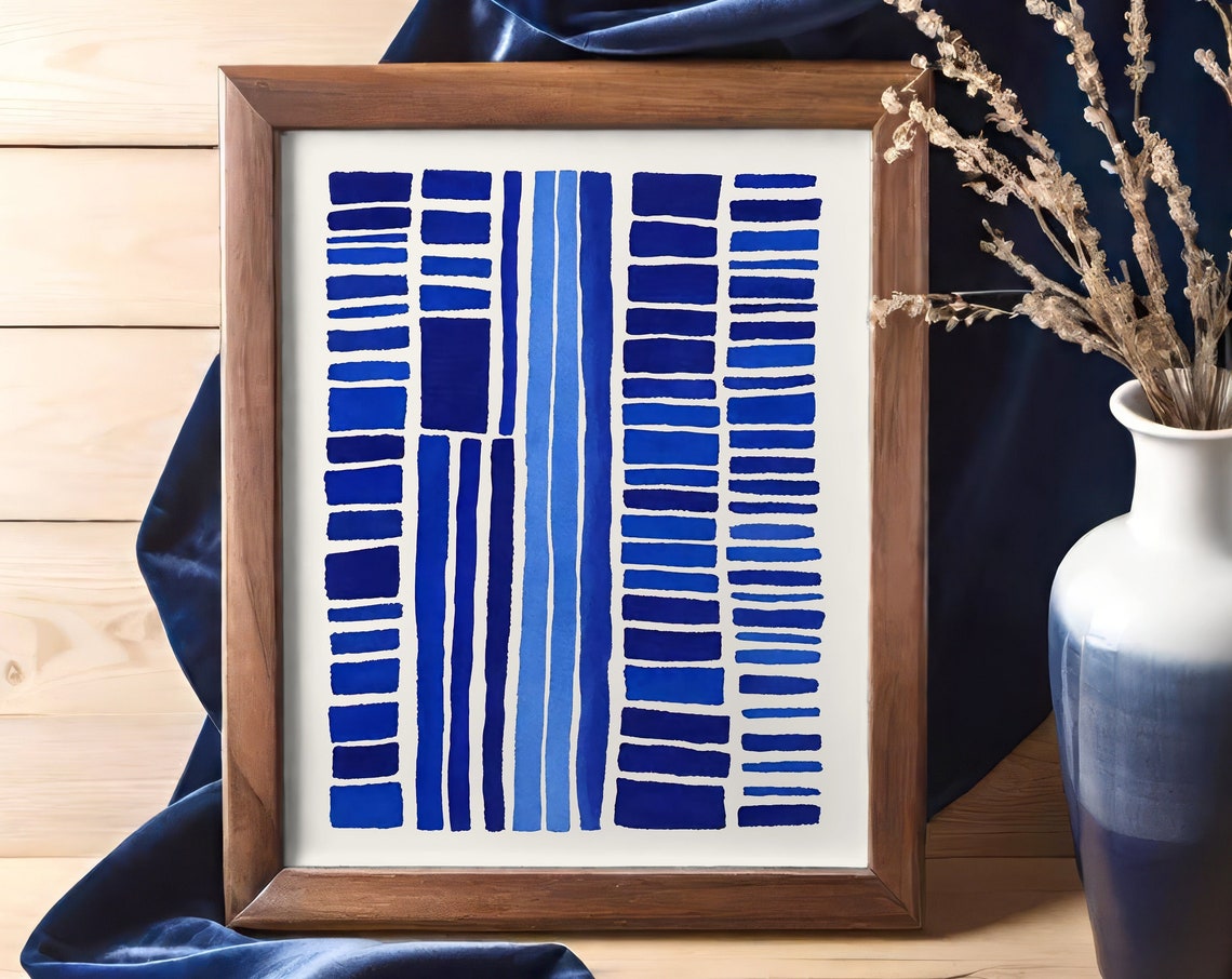 Abstract Indigo Blue Stripes and Blocks Modern Interior Poster