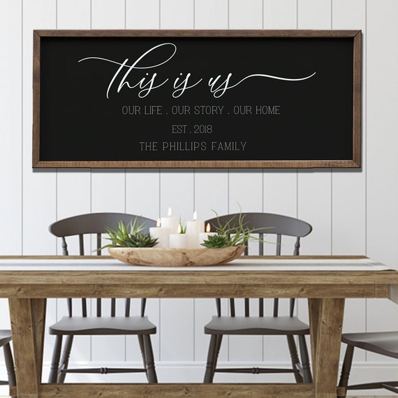 Family Name Sign This Is Us Sign Our Life Our Story Our Home Last Name Wall Art Above Couch Decor Black Background Decor