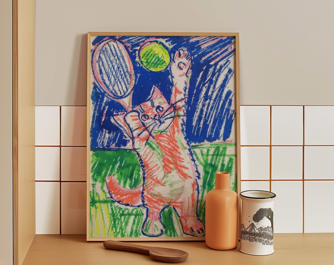 Kitten Playing Tennis With Racket Colorful Cartoon Cat Poster